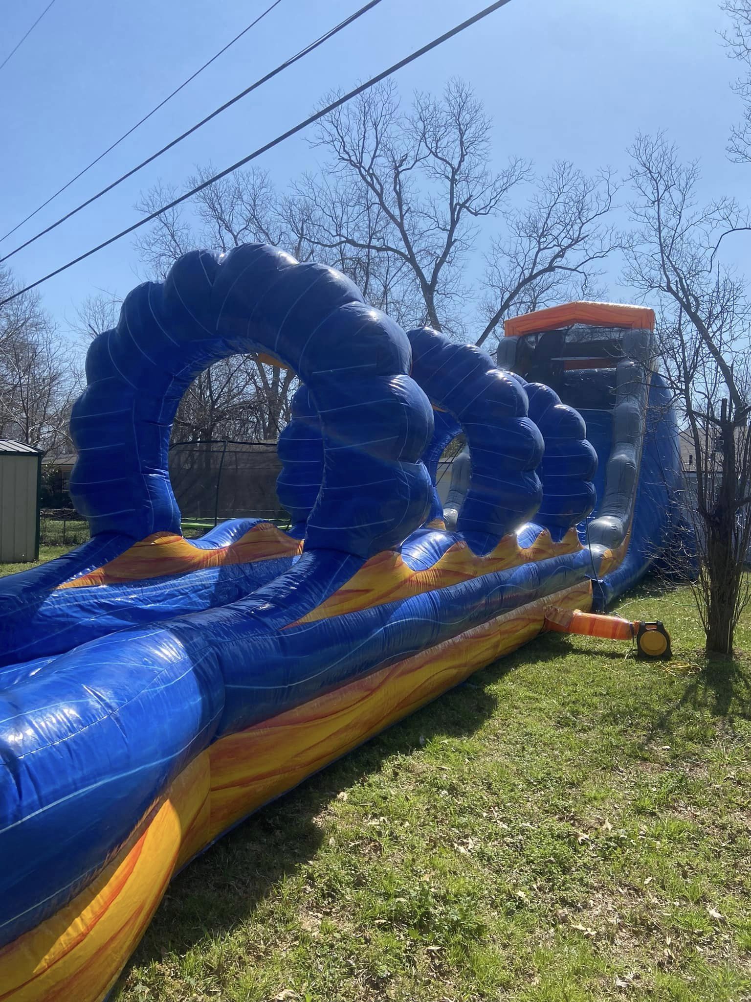 36' Slip Slide & DIP with Pool, Single Lane, One Exit Blue Marble with Red Trim